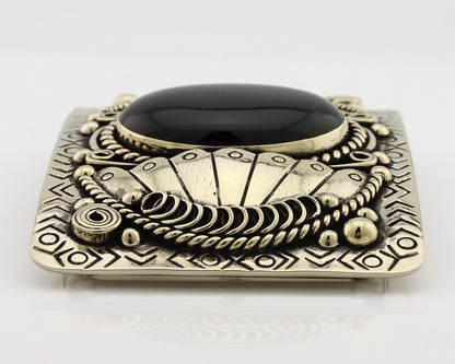 Men Navajo Belt Buckle 999 Nickel Onyx Artist Signed Teepee Handmade
