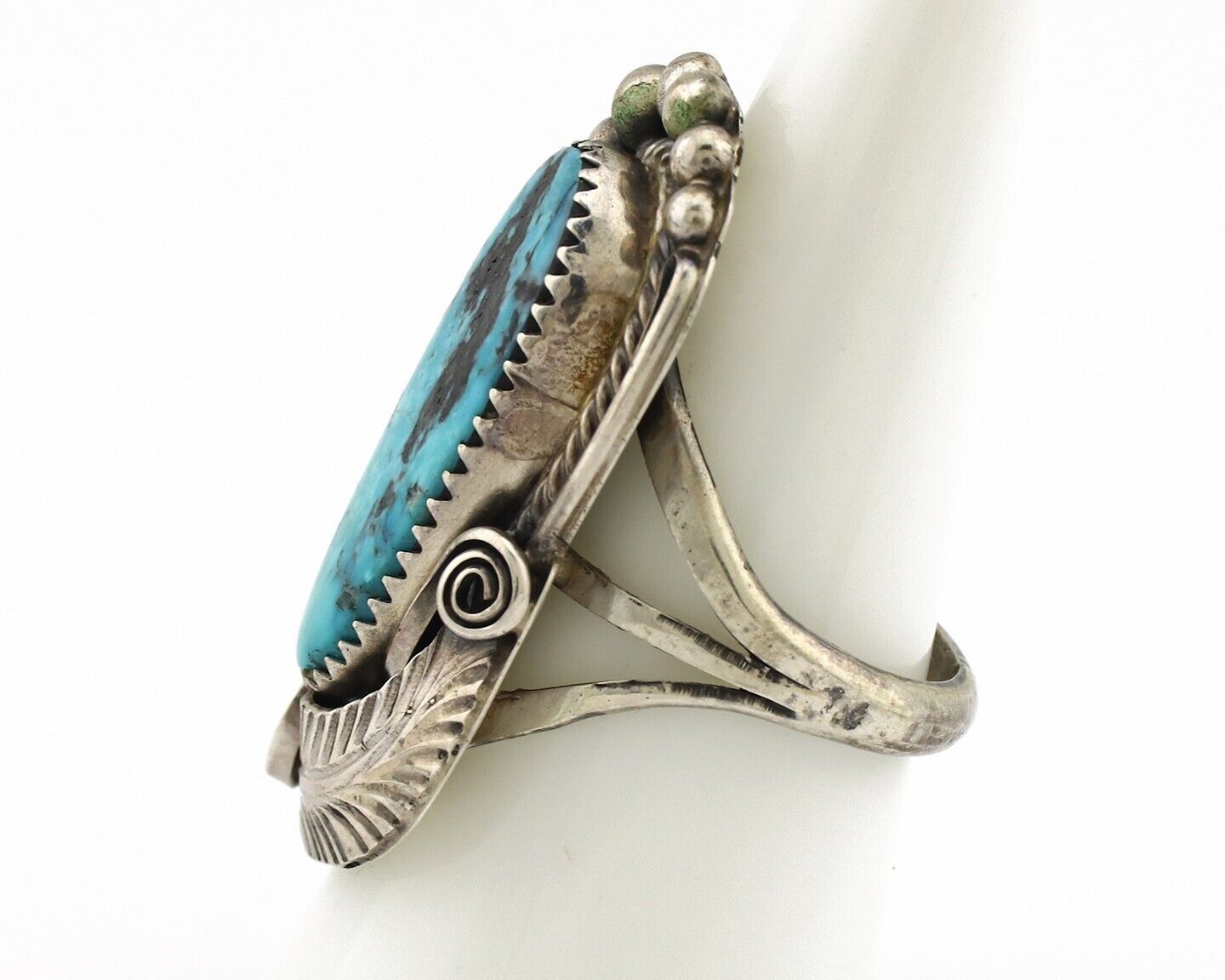Navajo Inlay Band Ring 925 Silver Blue Morenci Turquoise Signed Justin Morris