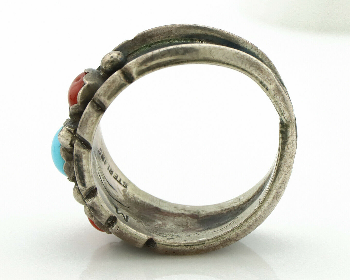 Zuni Ring .925 Silver Turquoise & Coral Artist Signed Milton Lasillo C.80's