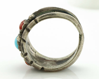 Zuni Ring .925 Silver Turquoise & Coral Artist Signed Milton Lasillo C.80's