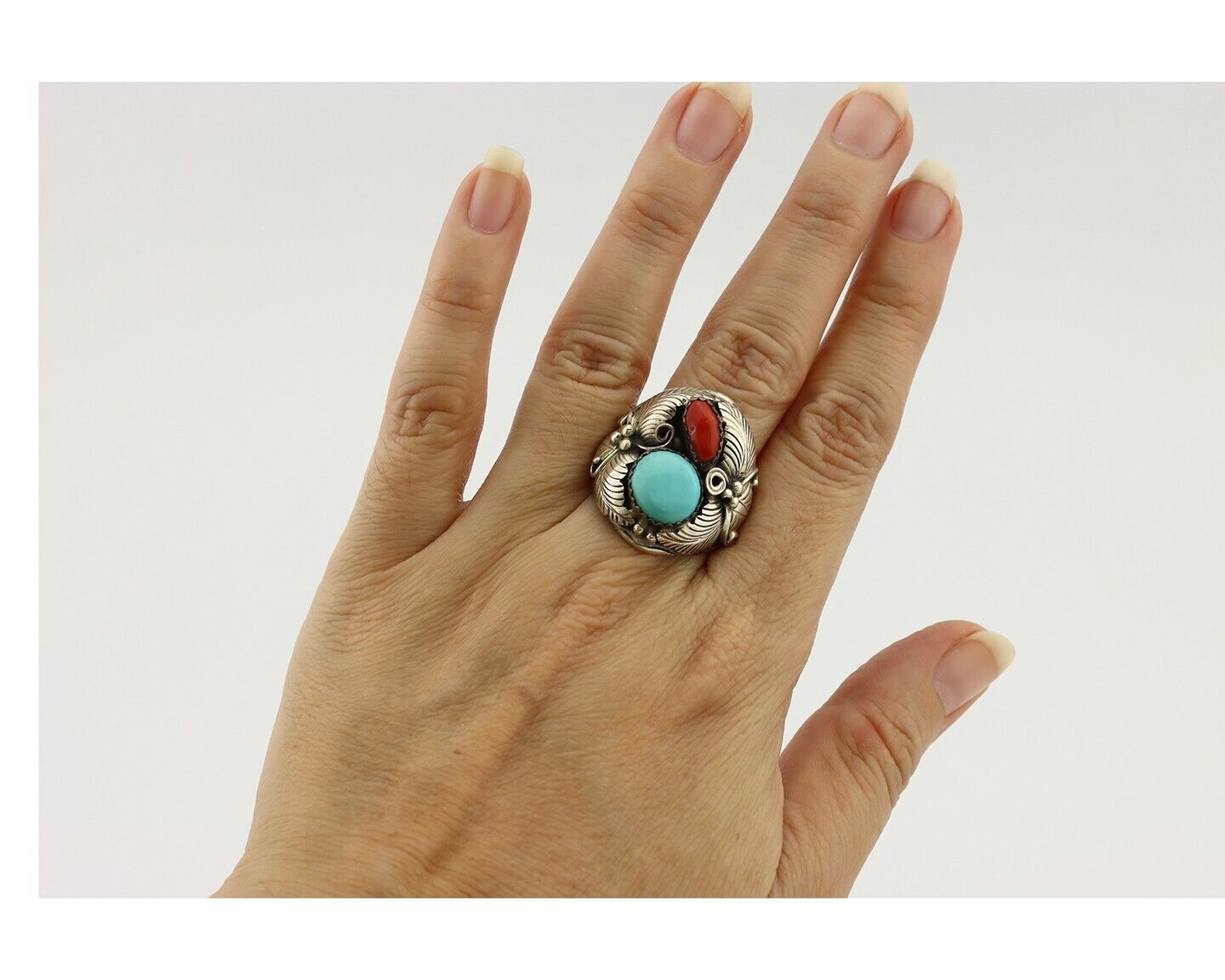 Navajo Ring 925 Silver Blue Turquiose & Mediterranean Coral Native Artist C.80's