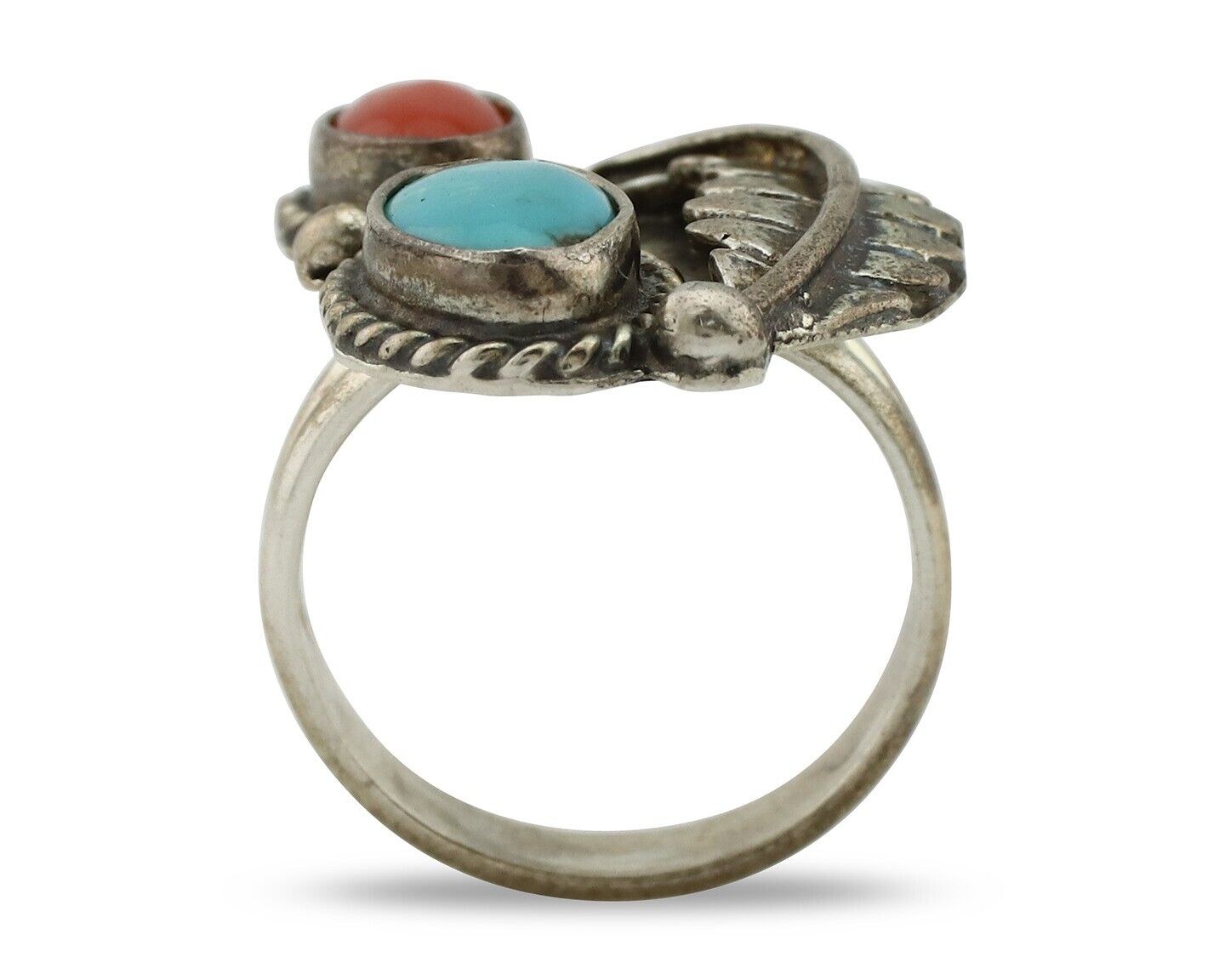 Navajo Handmade Ring 925 Silver Turquiose & Coral Native American Artist C.80's