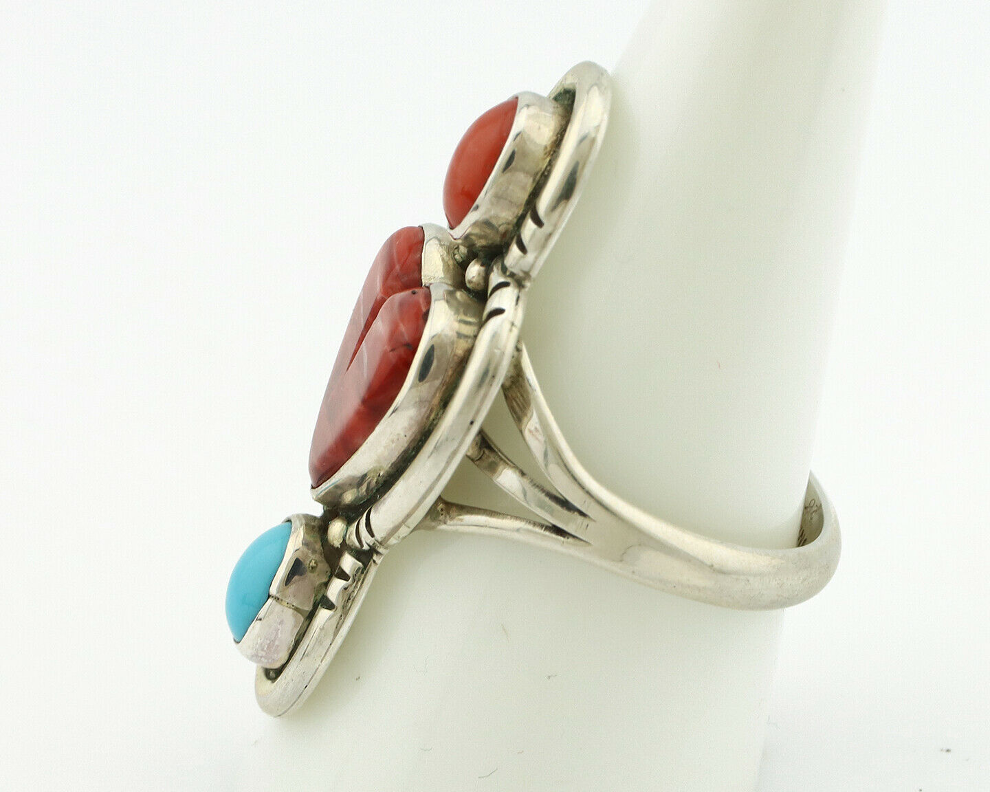 Navajo Ring .925 Silver Natural Coral & Turquoise Signed Carrol Felley C.80's