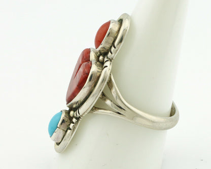 Navajo Ring .925 Silver Natural Coral & Turquoise Signed Carrol Felley C.80's
