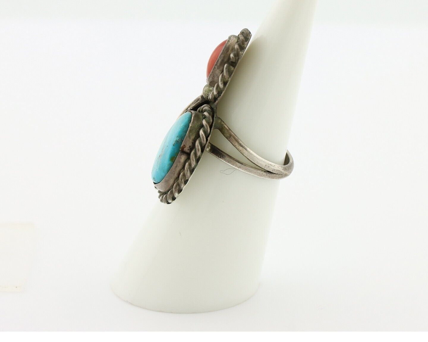 Navajo Handmade Ring 925 Silver Turquiose & Coral Native American Artist C.80's