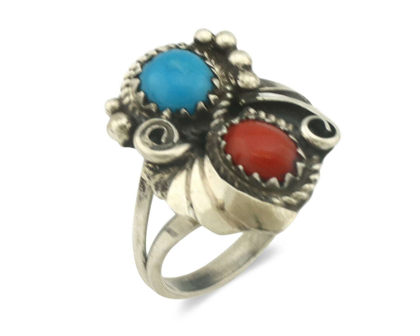 Navajo Ring .925 Silver Morenci Turquoise & Red Stone Native Artist Signed JM C.80's
