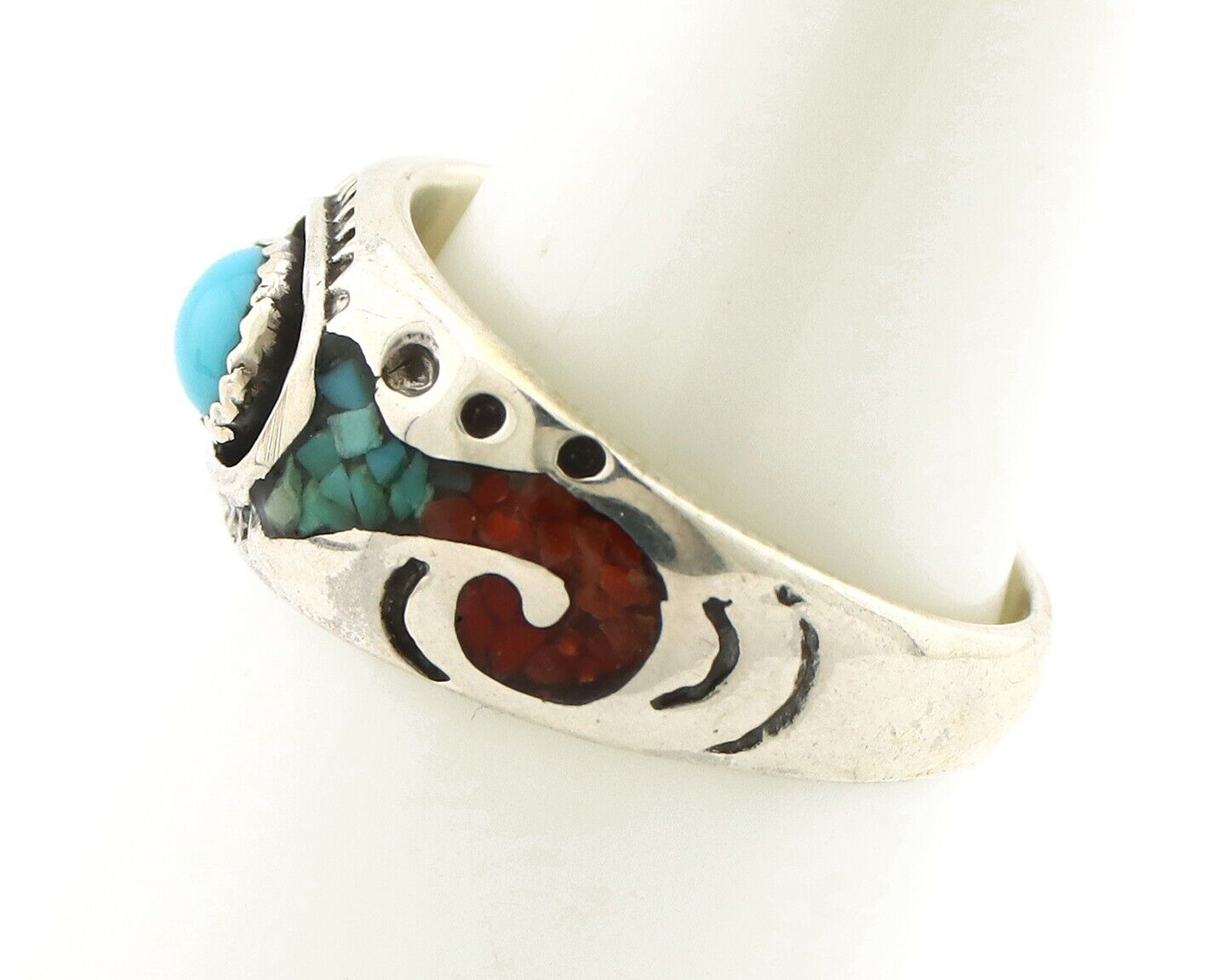 Navajo Handmade Ring 925 Silver Blue Turquoise & Coral Native American C.80's