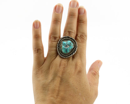 Navajo Ring .925 Silver Globe Turquoise Hand Stamped Native American Artist C80s