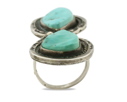 Navajo Ring .925 Silver Globe Turquoise Hand Stamped Native American Artist C80s