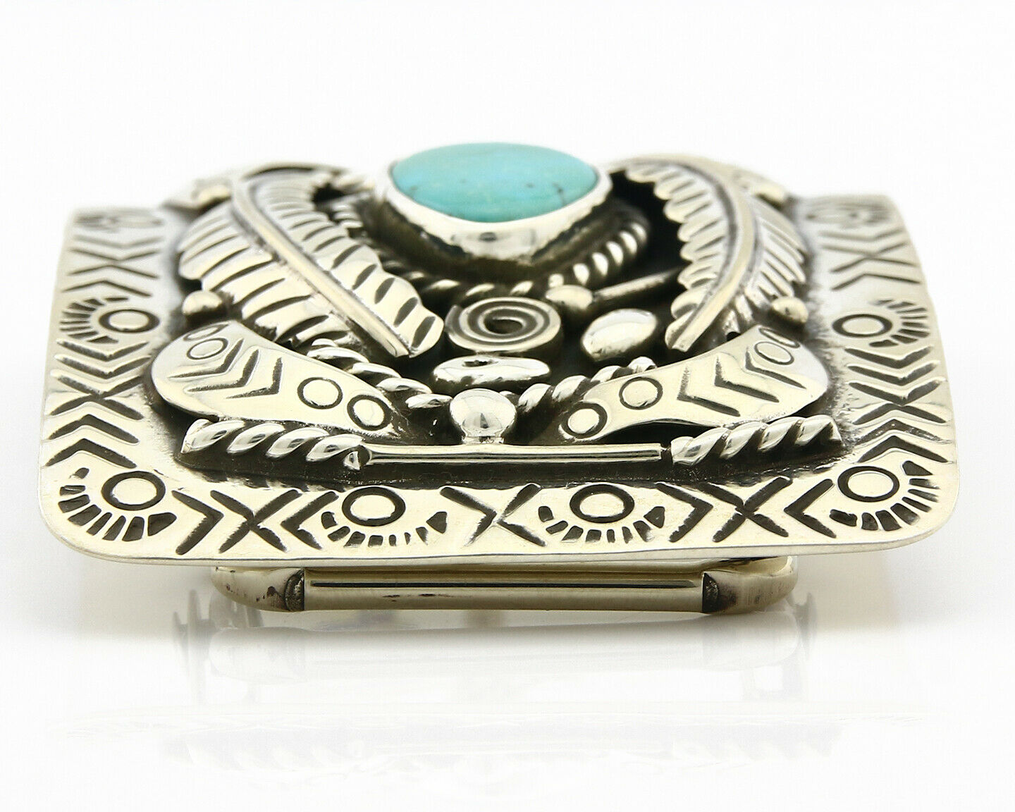 Navajo Belt Buckle .925 Silver Morenci Turquoise Artist Signed Tipi C.80's