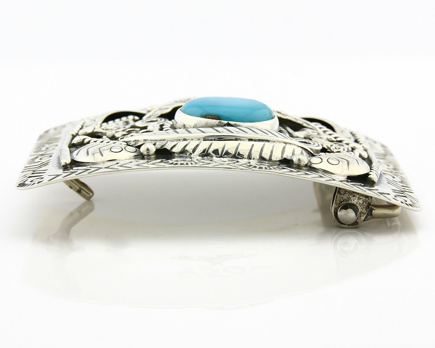 Navajo Belt Buckle .925 Silver Turquoise Mountain Artist Signed Tipi C.80's