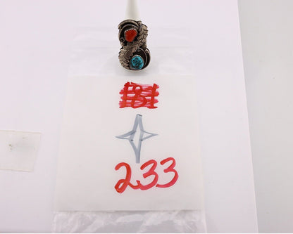 Navajo Ring 925 Silver Blue Turquiose & Coral Artist Signed Wes Craig C.80's