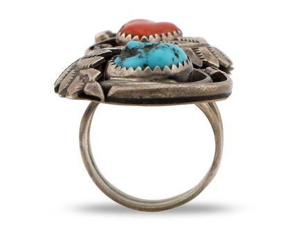 Navajo Ring 925 Silver Blue Turquiose & Coral Artist Signed Wes Craig C.80's