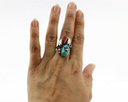Navajo Ring .925 Silver Turquoise & Coral Artist Signed J Morris C.80's