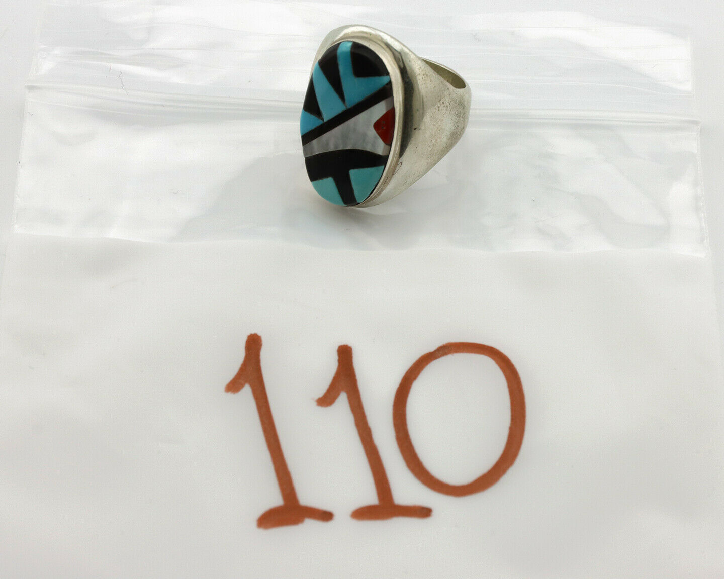 Zuni Inlaid Ring .925 Silver Gemstone Artist Richard & Geneva Terraza C.1980's