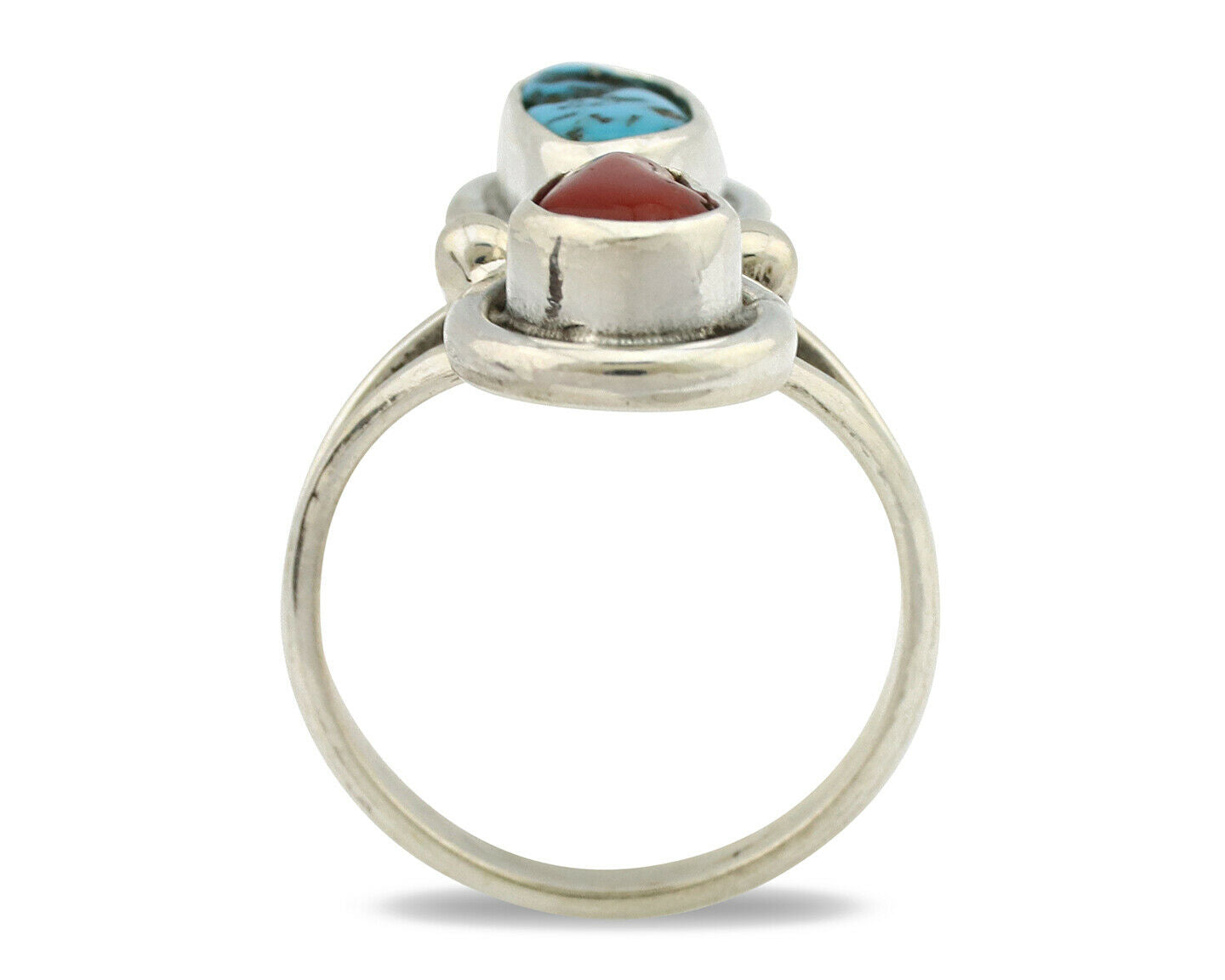 Navajo Ring .925 Silver Blue Turquoise & Red Coral Native American Artist C.80's