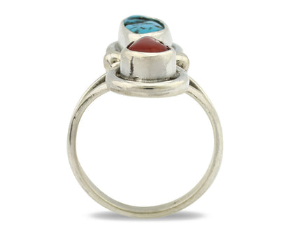 Navajo Ring .925 Silver Blue Turquoise & Red Coral Native American Artist C.80's