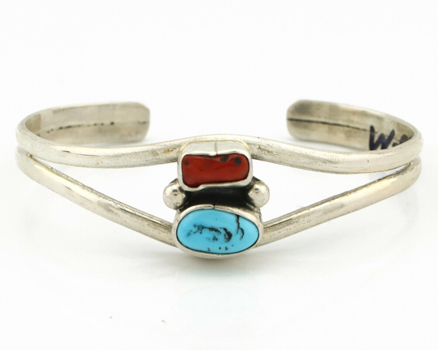 Navajo Bracelet .925 Silver Coral & Turquoise Artist Native American Artist C.90