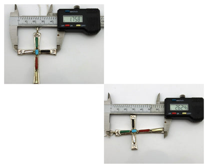 Zuni Handmade Cross Necklace 925 Silver Natural Gemstone Signed L. IULE C.80's