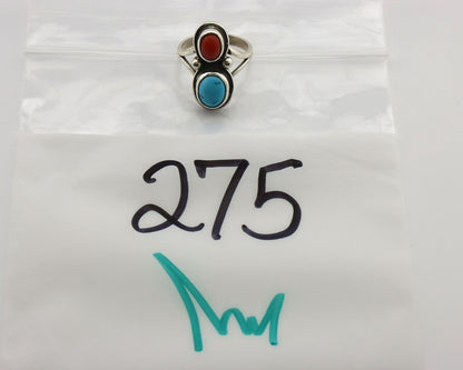 Navajo Inlay Band Ring 925 Silver Turquoise & Coral Native Artist C.80's