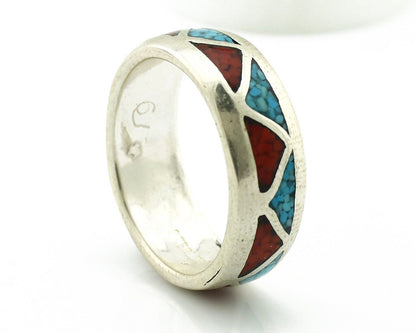 Navajo Chip Inlay Ring 925 Silver Sleeping Beauty Turquoise & Coral Silver Cloud