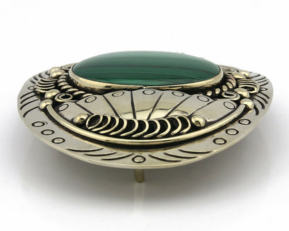 Navajo Handmade Belt Buckle .999 Nickle Silver Malachite Signed Tipi C.80's