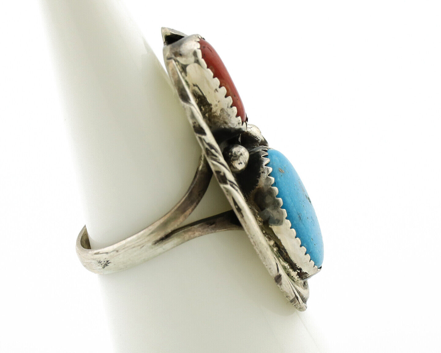 Navajo Ring 925 Silver Turquoise & Coral Artist Signed Native American C.80s