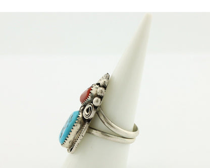 Navajo Ring 925 Silver Blue Turquiose & Coral Artist Signed Justin Morris C.80's