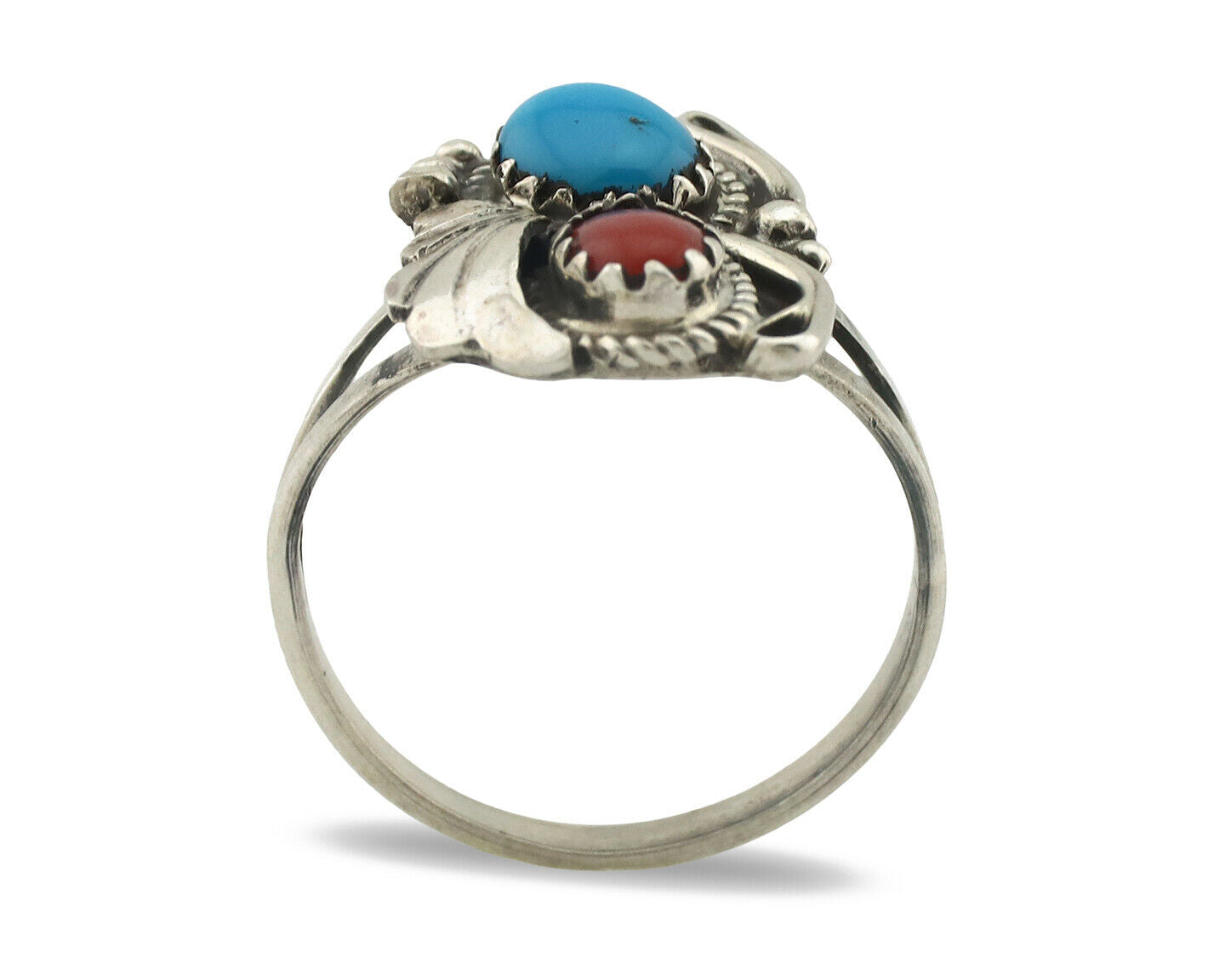 Navajo Ring .925 Silver Morenci Turquoise & Coral Native Artist Signed JM C.80's