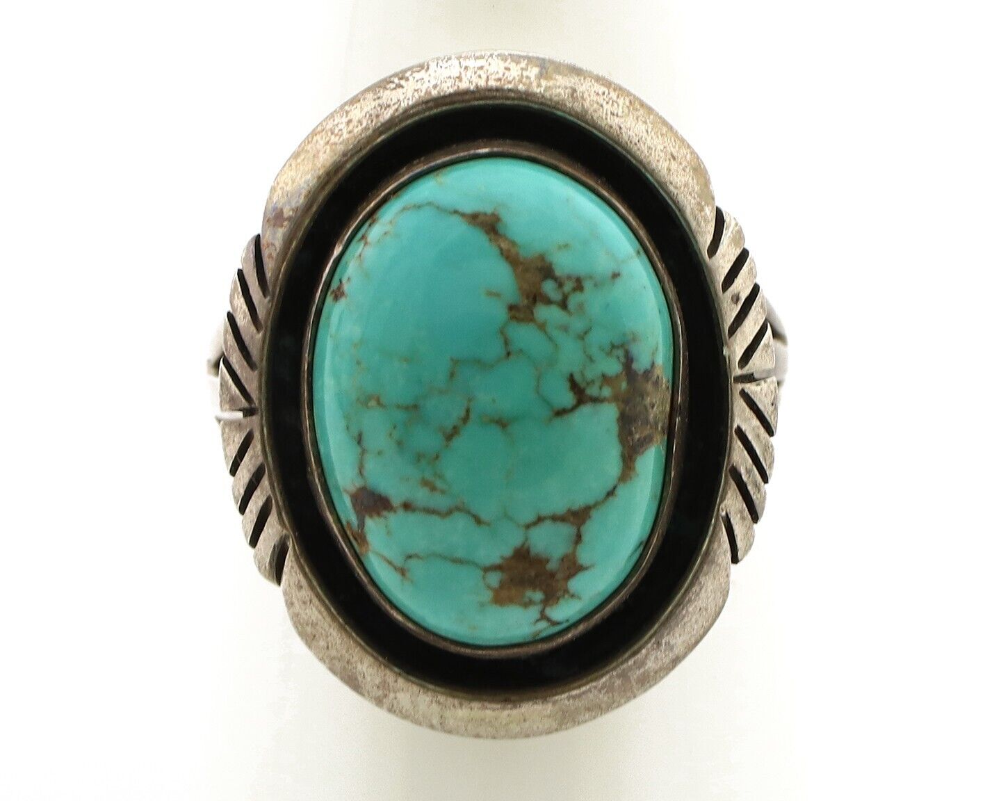 Navajo Handmade Ring 925 Silver Spiderweb Turquoise Signed Native Artist C.80's