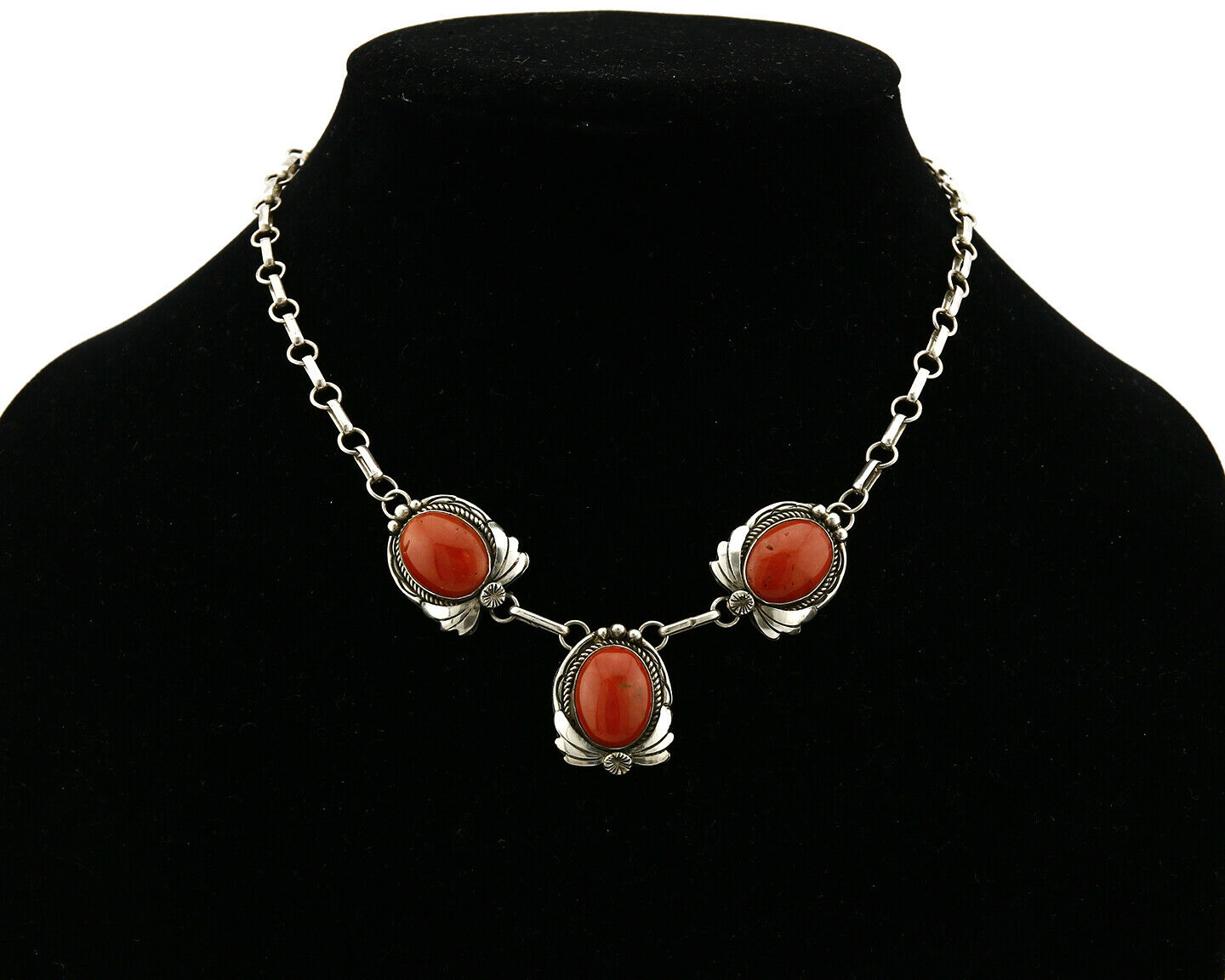 Women's Navajo Necklace .925 Silver Mediterranean Coral Pendant Signed J