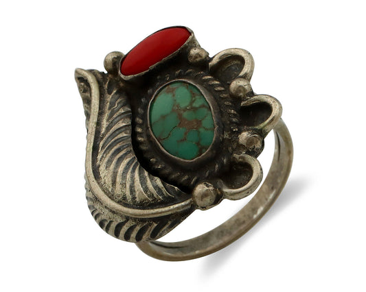Navajo Ring 925 Silver Turquoise & Bloodstone Native Artist C.1980's