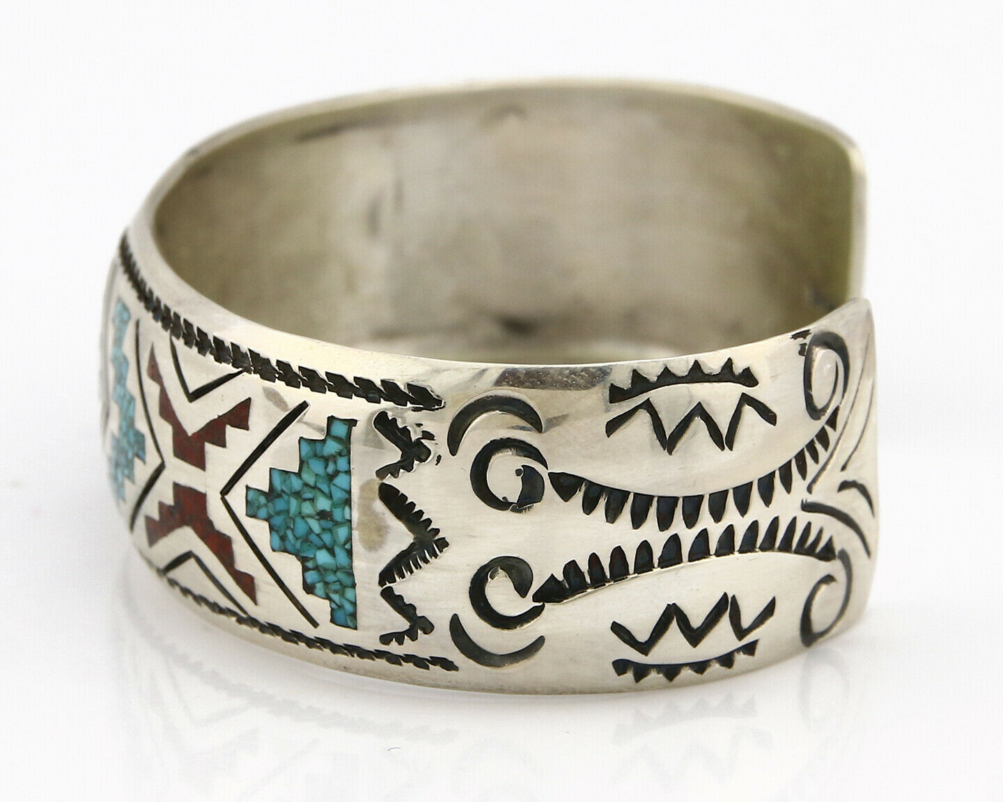 Navajo Bracelet .925 Silver Turquoise & Coral Cuff Signed Stanley Bain C.80's