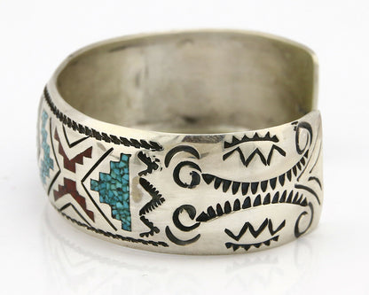 Navajo Bracelet .925 Silver Turquoise & Coral Cuff Signed Stanley Bain C.80's
