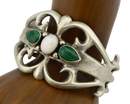 Navajo Sand Cast Bracelet .925 Silver Malachite & Opal Native Artist C.80's