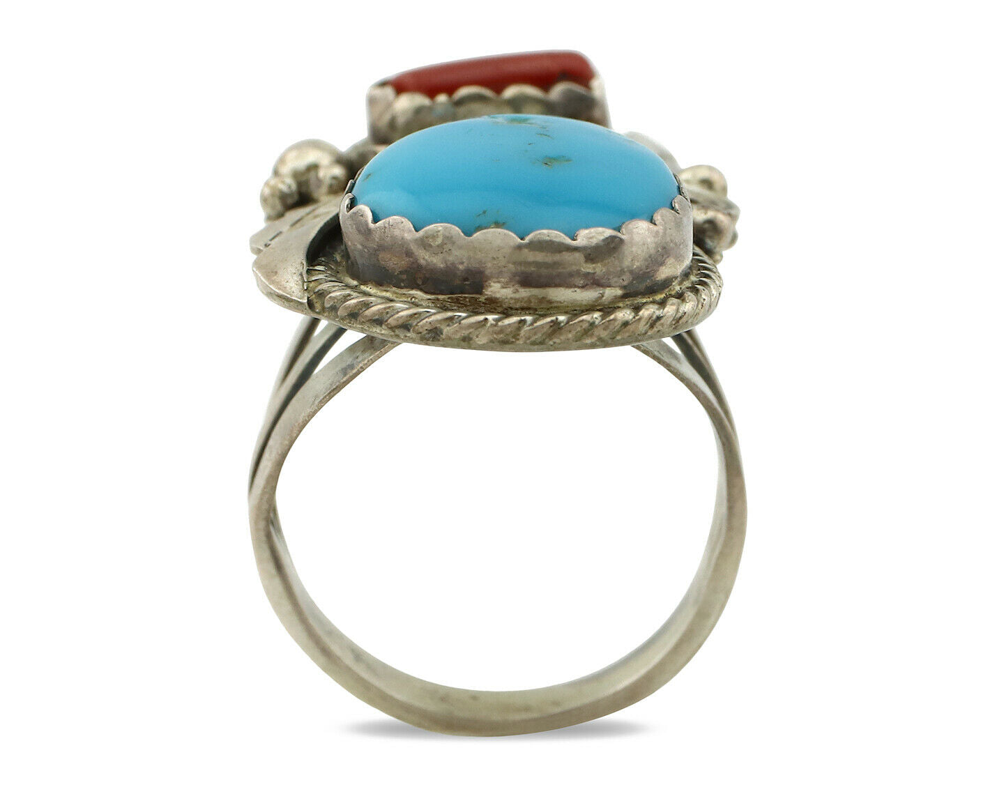 Navajo Ring .925 Silver Turquoise & Coral Artist Signed Justin Morris C.80's