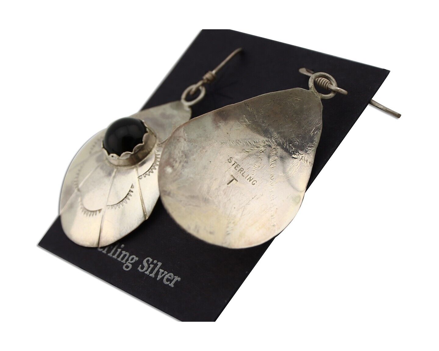 Navajo Earrings 925 Silver Natural Black Onyx Artist Signed T C.80's