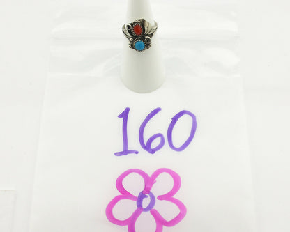Navajo Ring .925 Silver Morenci Turquoise & Red Stone Native Artist Signed JM C.80's