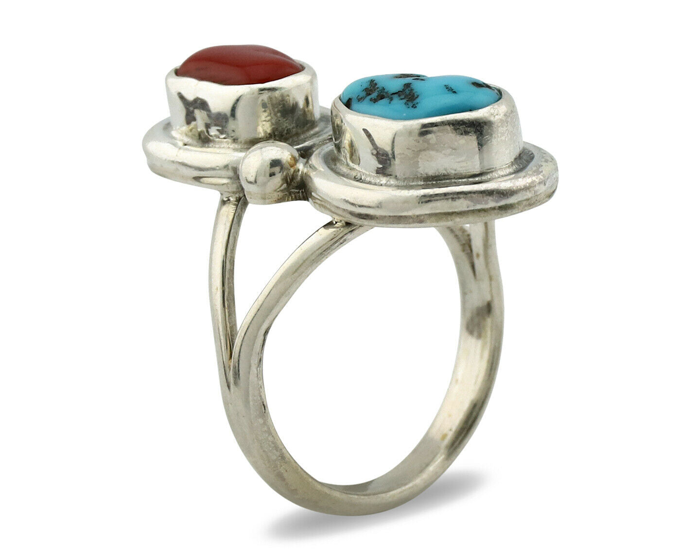 Navajo Ring .925 Silver Red Coral & Blue Turquoise Native Artist C.80's
