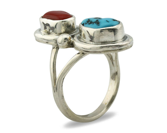 Navajo Ring .925 Silver Red Coral & Blue Turquoise Native Artist C.80's