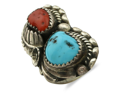 Navajo Ring .925 Silver Turquoise & Coral Artist Signed Thomas Singer C.80's