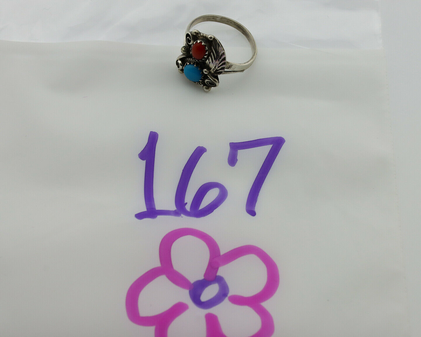 Navajo Ring .925 Silver Morenci Turquoise & Coral Native Artist Signed JM C.80's