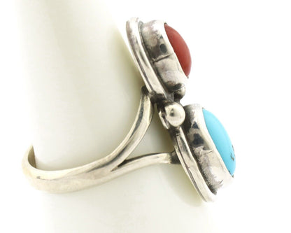 Navajo Inlay Band Ring 925 Silver Turquoise & Coral Native Artist C.80's