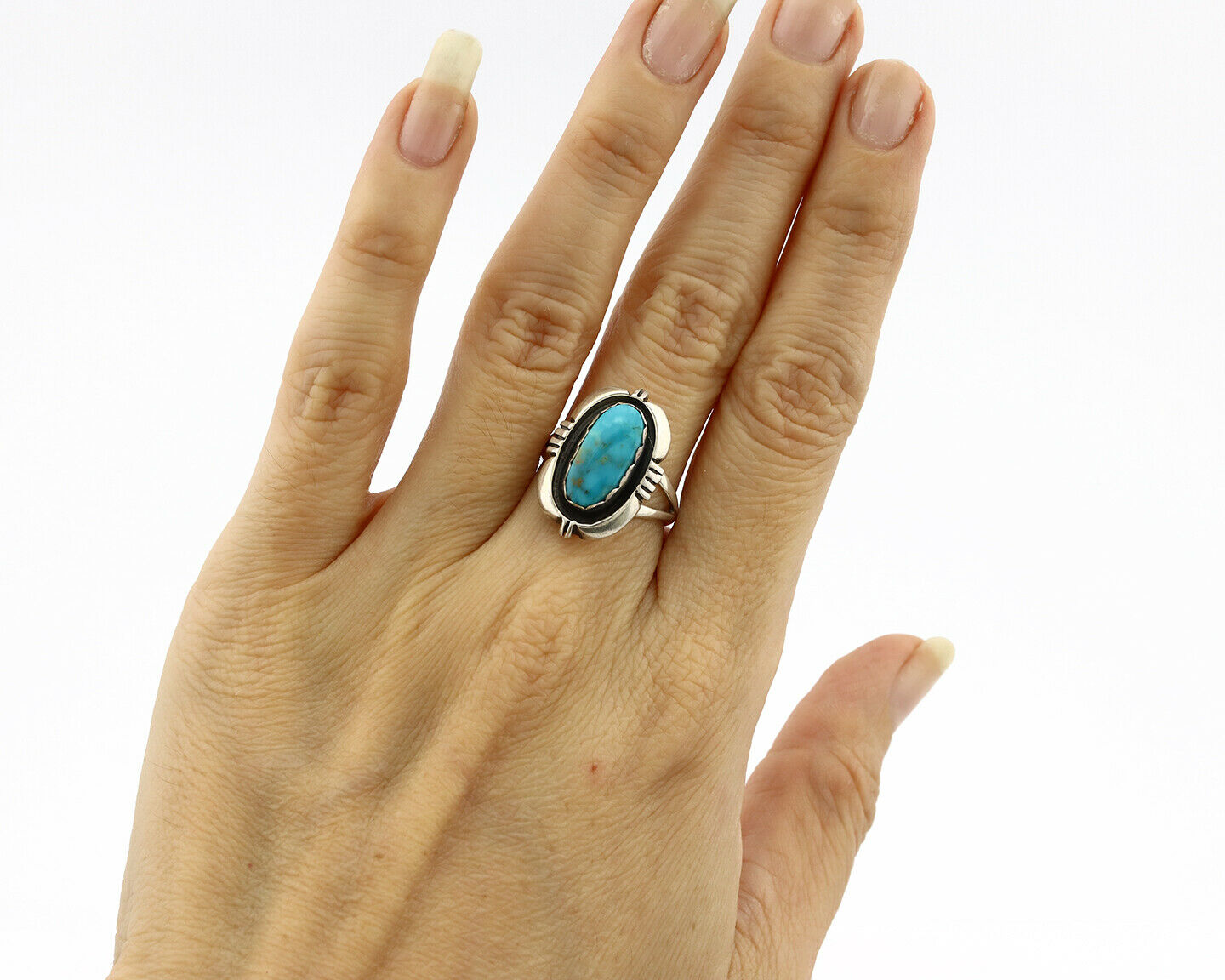 Navajo Ring .925 Silver Blue Gem Turquoise Handmade Native American Artist C80s