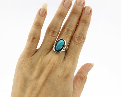 Navajo Ring .925 Silver Blue Gem Turquoise Handmade Native American Artist C80s