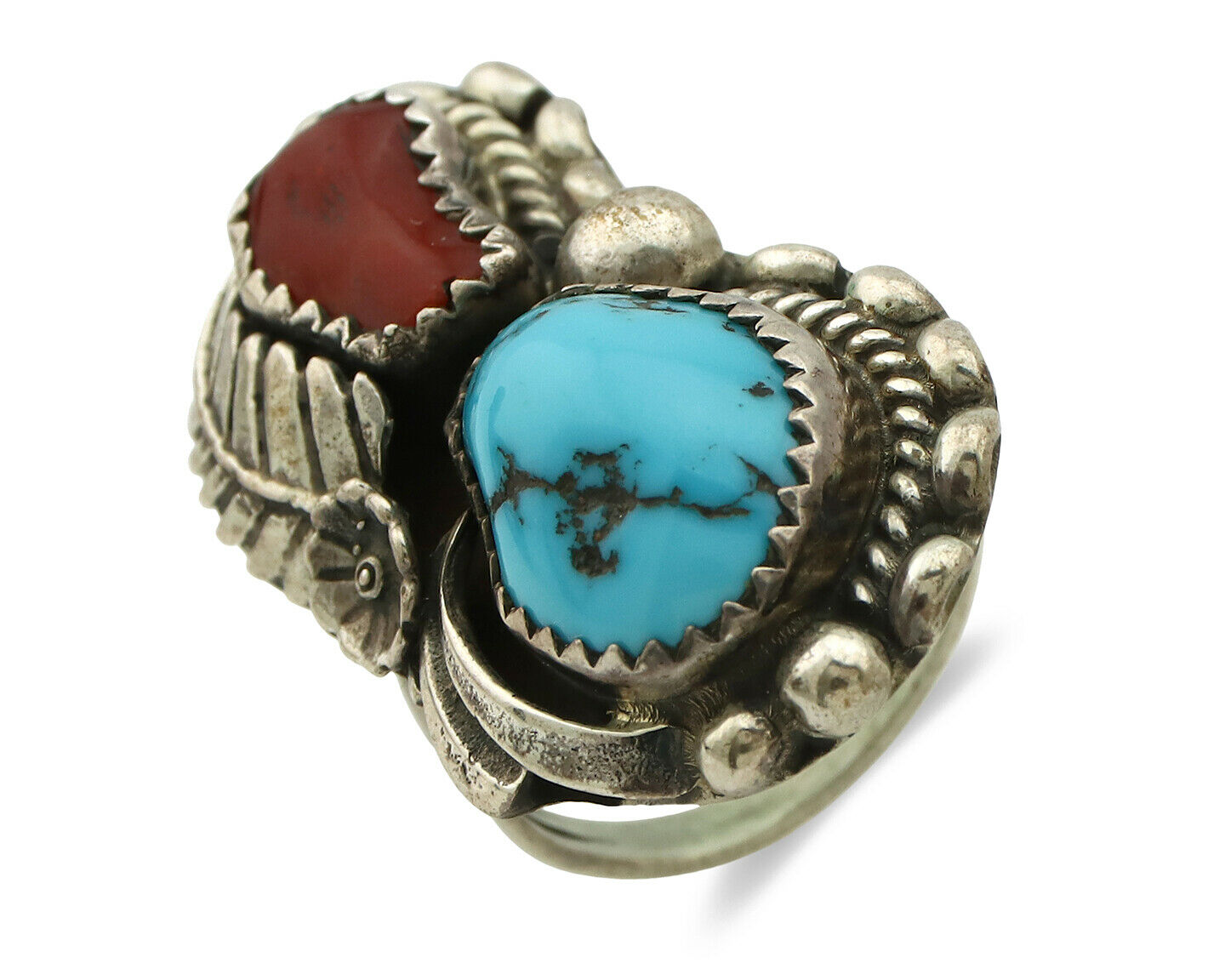 Navajo Ring .925 Silver Turquoise & Coral Artist Signed Thomas Singer C.80's