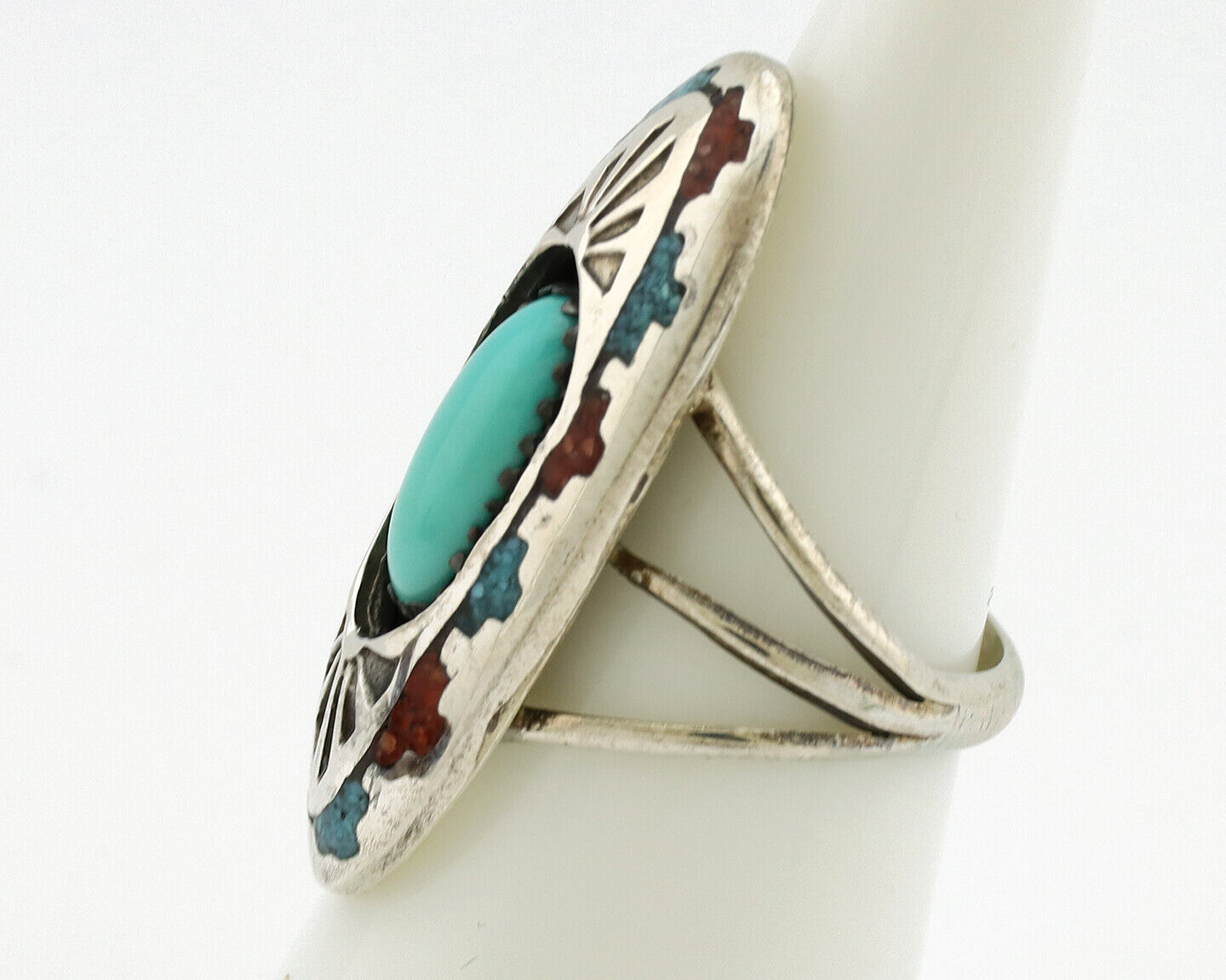 Navajo Ring 925 Silver Turquoise & Coral Signed Circle JW C.80s