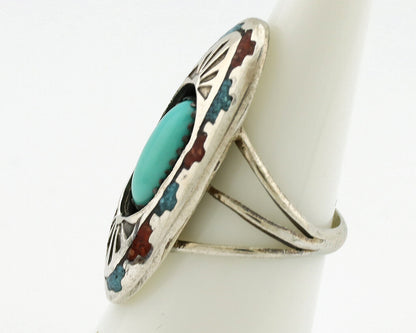 Navajo Ring 925 Silver Turquoise & Coral Signed Circle JW C.80s