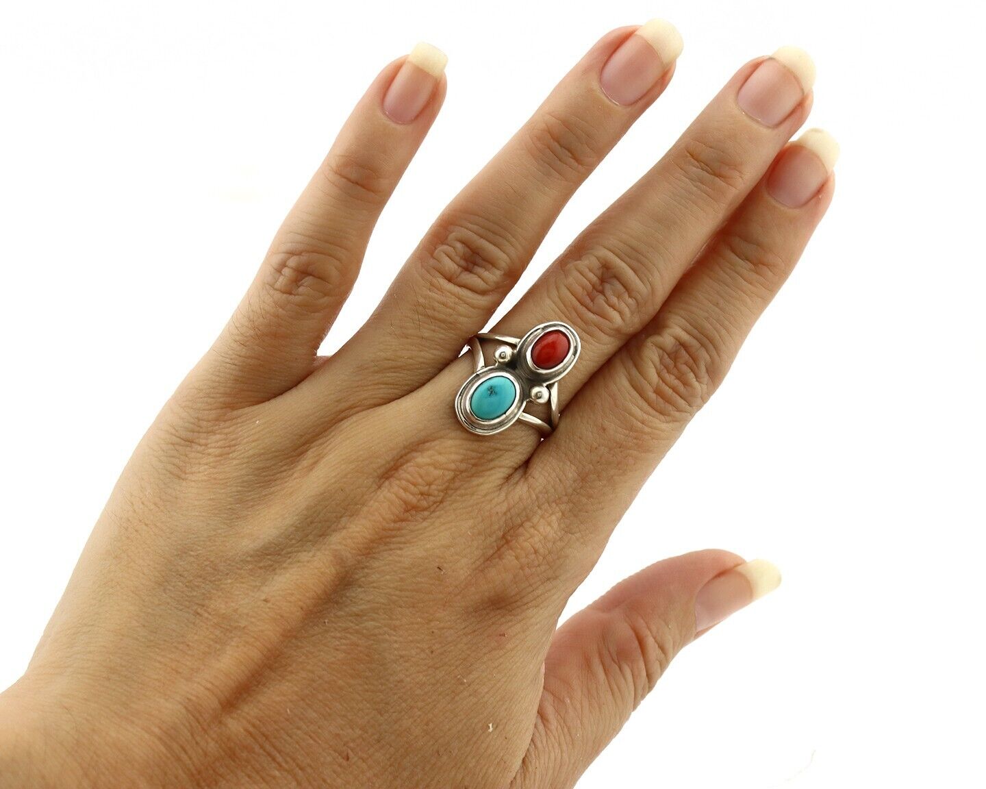 Navajo Handmade Ring 925 Silver Coral & Turquoise Native American Artist C.80's
