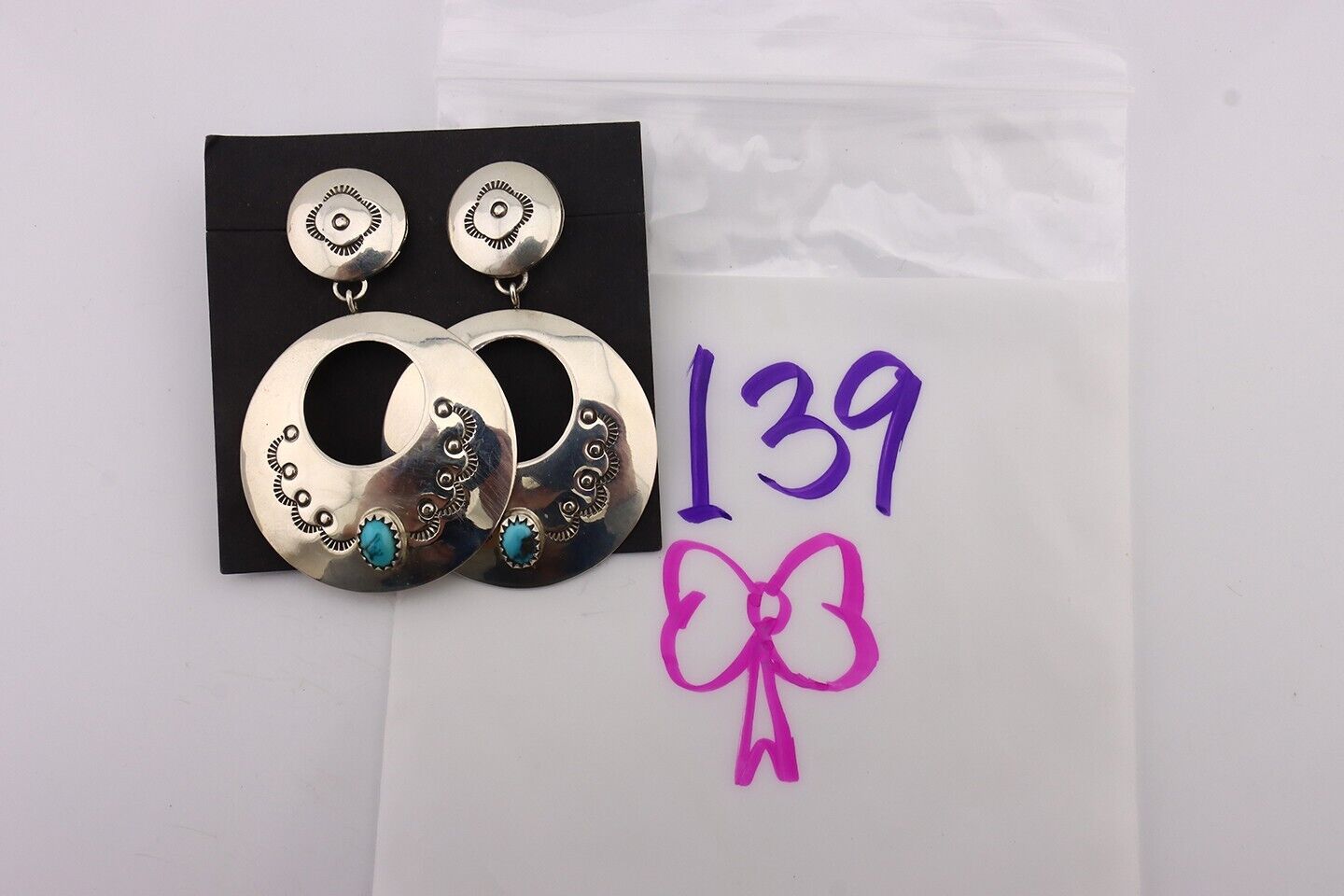 Navajo Handmade Earrings 925 Silver Blue Turquoise Signed Vera Jane C.80's
